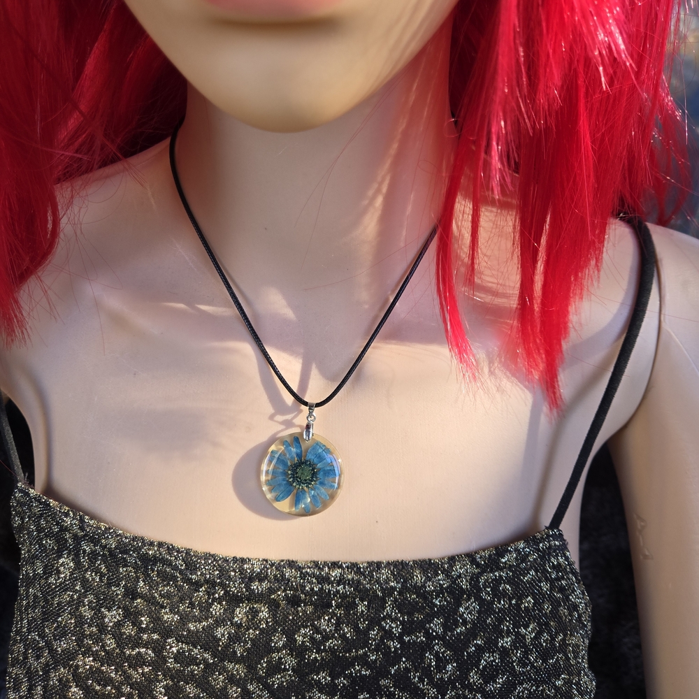 Pressed Blue Flower Resin Pendant on New 16" Black Cord – Nature Boho
